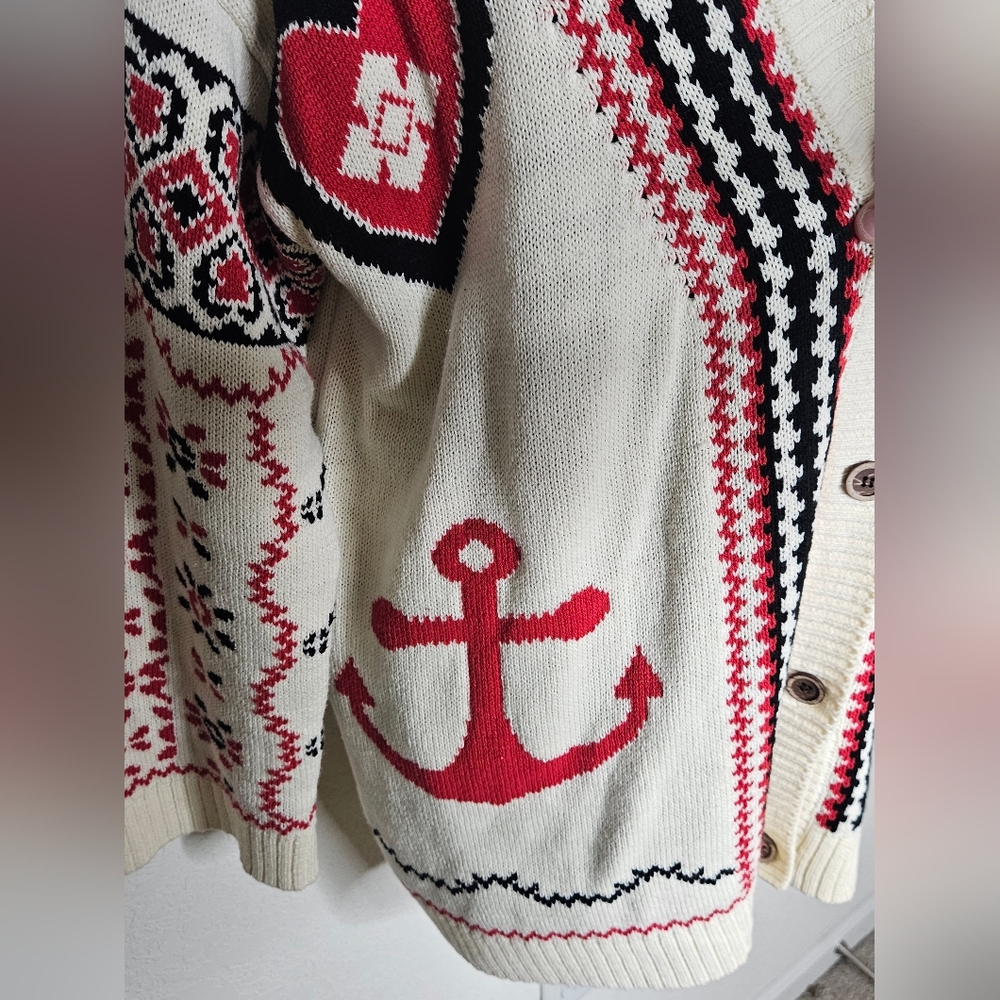 Anthropologie Chunky Knit Cream Nautical Anchor Button Front Cardigan Sweater L - Picture 5 of 13